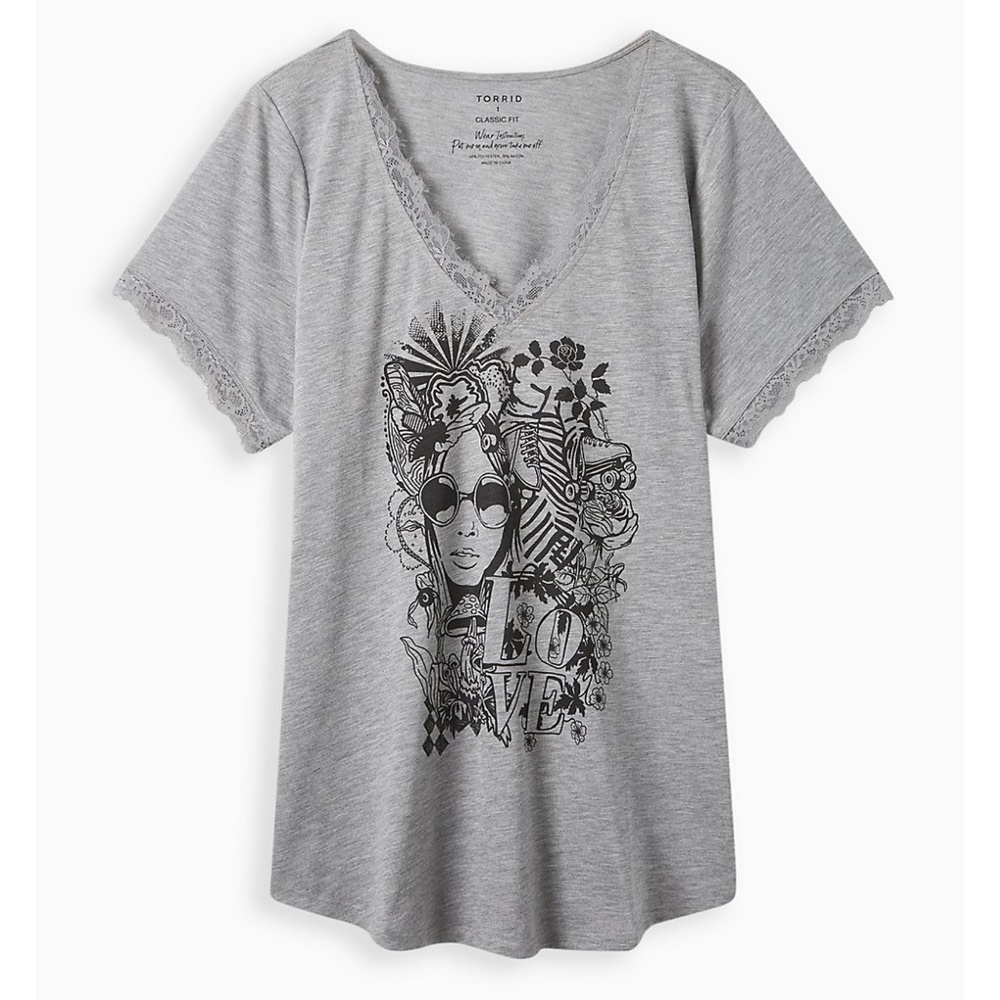 NWT Torrid Graphic Lace Trim Slub T-Shirt Plus Size 1, Tee Top Womens 1X 14 16